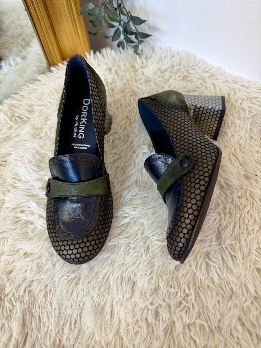 Mocassin à Talon Dorking Dacy D9614 Bleu Kaki Bronze | Marina & Paloma