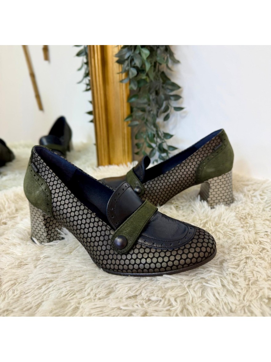 Mocassin à Talon Dorking Dacy D9614 Bleu Kaki Bronze | Marina & Paloma