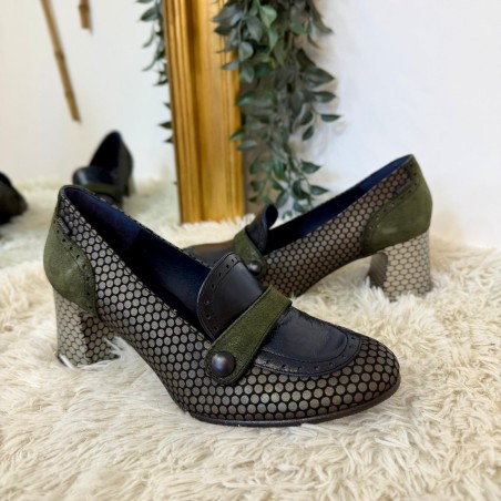 Mocassin à Talon Dorking Dacy D9614 Bleu Kaki Bronze | Marina & Paloma