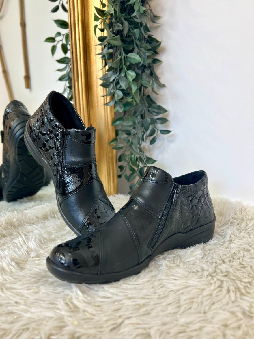 Bottine Confort Vernis Remonte R7674-04 Effet Croco Noir | Marina & Paloma