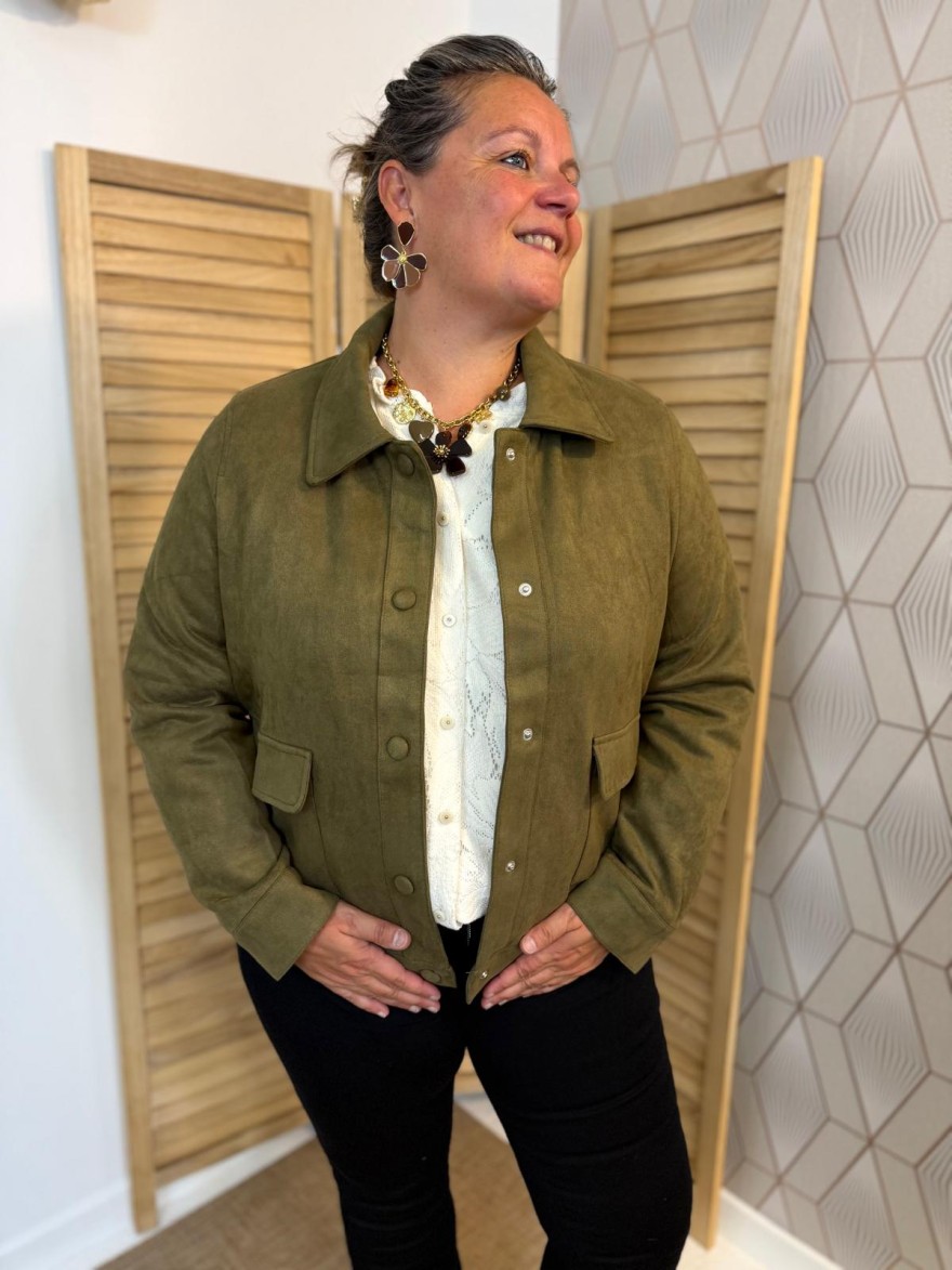 Veste Kaki Effet Velours Maelle 2 Poches Grande Taille | Marina & Paloma