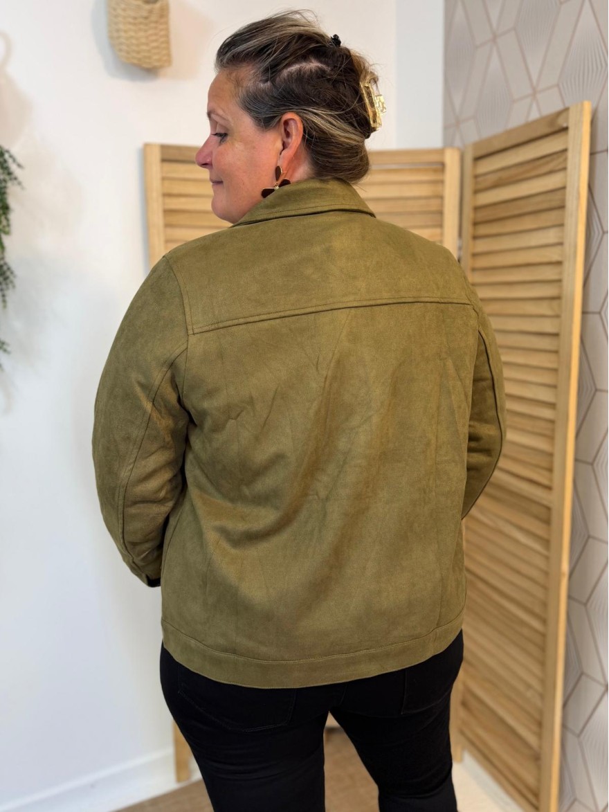 Veste Kaki Effet Velours Maelle 2 Poches Grande Taille | Marina & Paloma