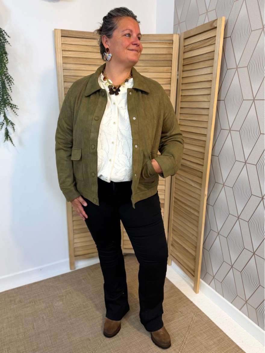 Veste Kaki Effet Velours Maelle 2 Poches Grande Taille | Marina & Paloma