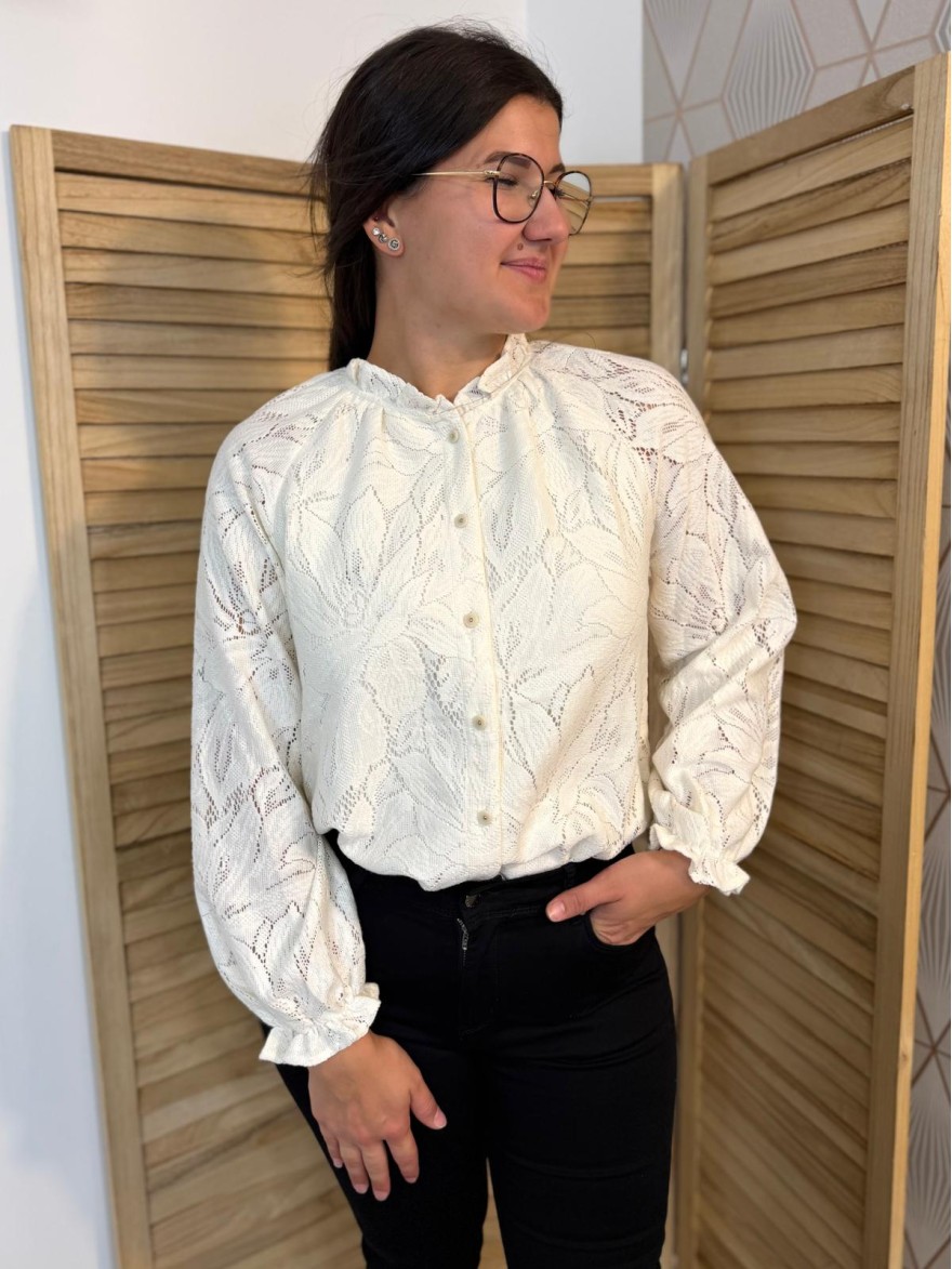 Chemise Brodée Beige Maelle à Dentelle Écrue Raffinée | Marina & Paloma