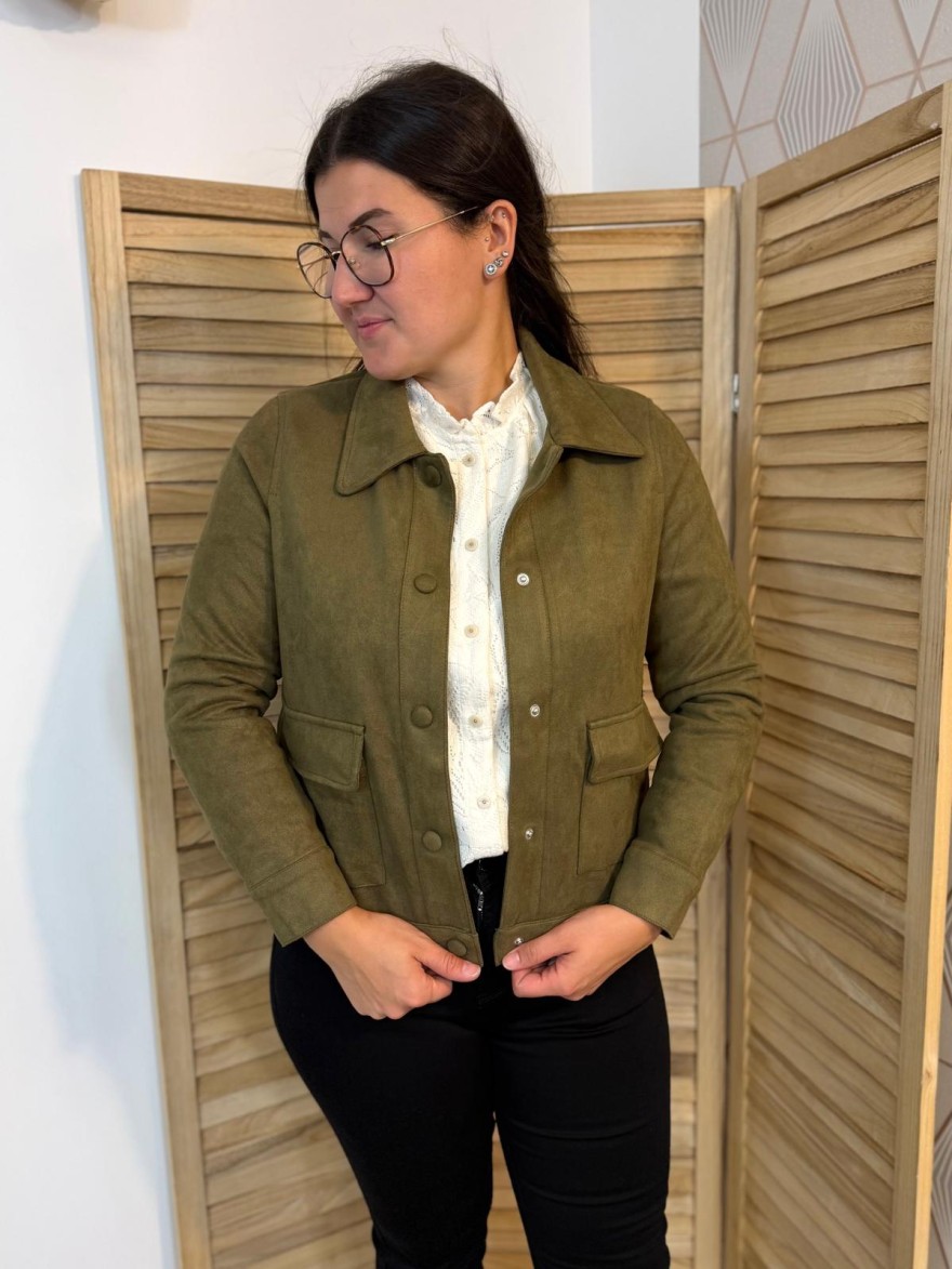 Veste Kaki Effet Velours Maelle Droite & Courte | Marina & Paloma