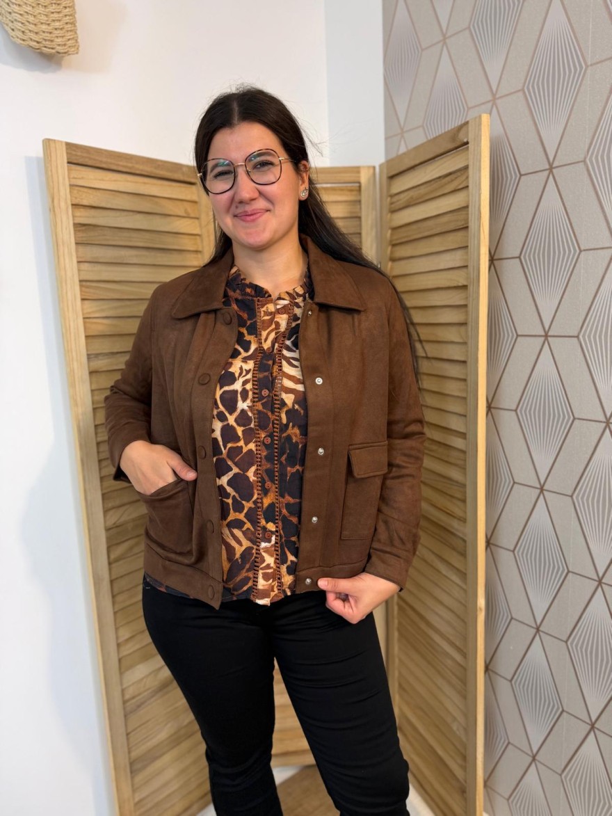 Veste Marron Effet Velours Maelle 2 Poches à Rabat | Marina & Paloma