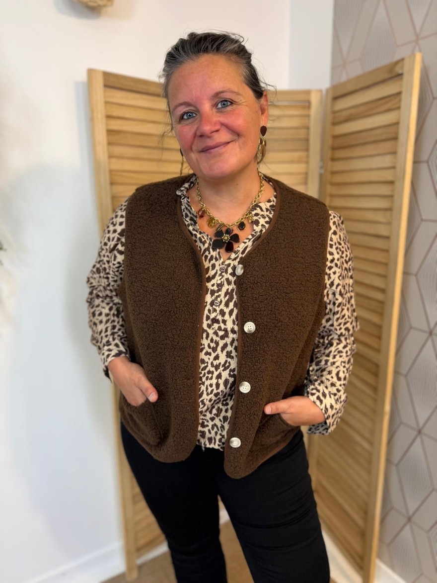 Gilet Sans Manches Marron Maelle Effet Moumoute Grande Taille | Marina & Paloma