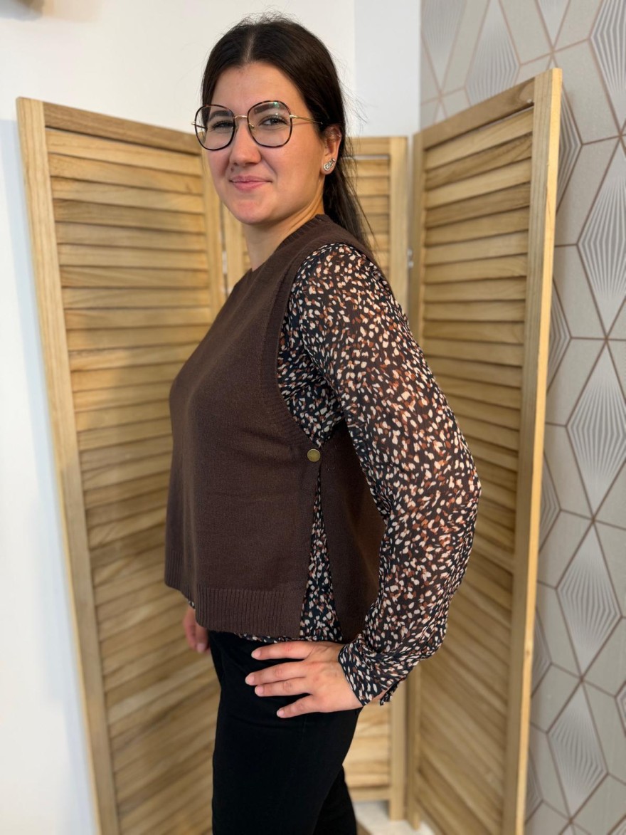 Pull Sans Manche Vivichy Marron en Maille Côtelée Chic | Marina & Paloma