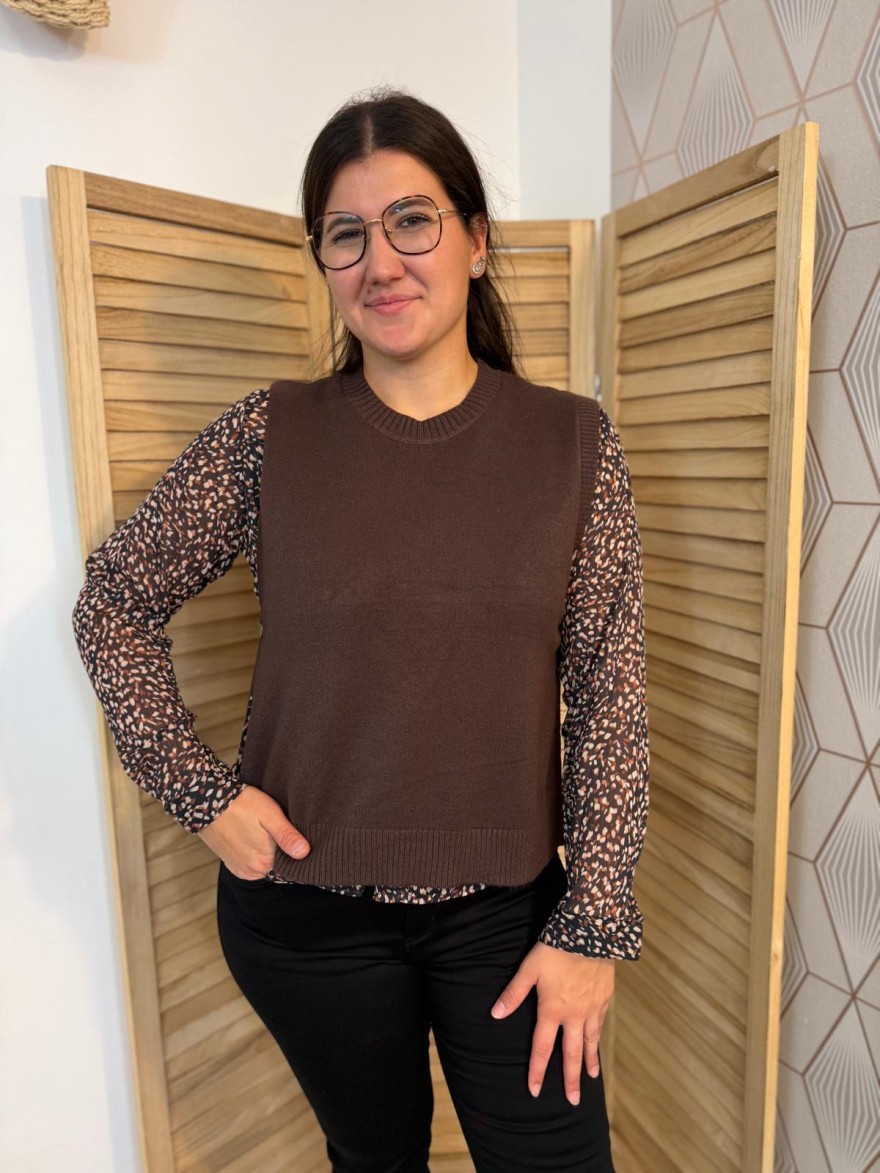 Pull Sans Manche Vivichy Marron en Maille Côtelée Chic | Marina & Paloma
