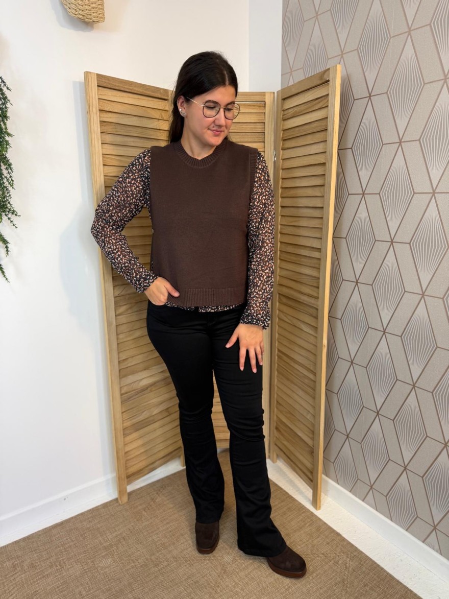 Pull Sans Manche Vivichy Marron en Maille Côtelée Chic | Marina & Paloma