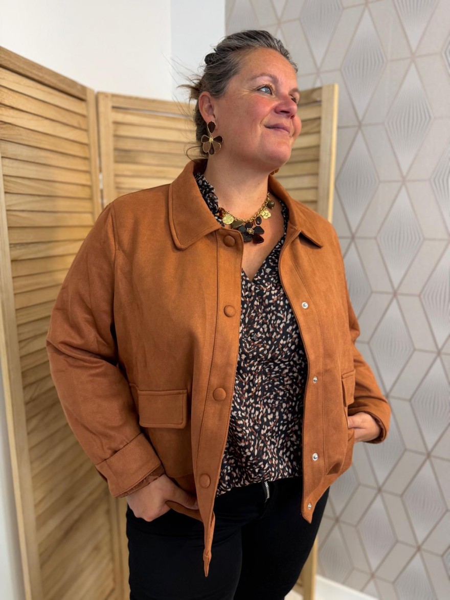 Veste Caramel Effet Suédine Maelle Grande Taille | 2 Poches | Marina & Paloma