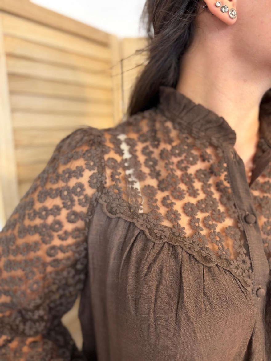Chemise It Hippie Marron Brodée Tulle Fleuri Transparent | Marina & Paloma