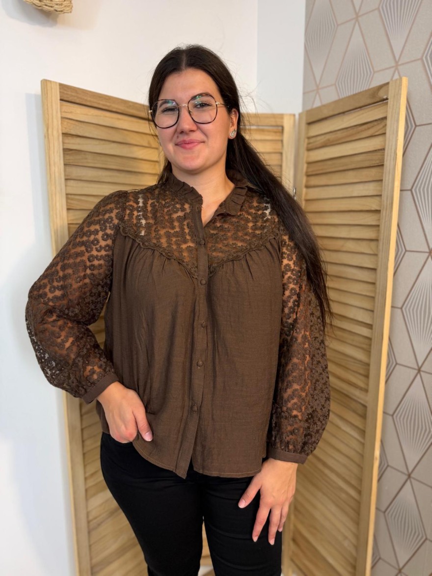 Chemise It Hippie Marron Brodée Tulle Fleuri Transparent | Marina & Paloma