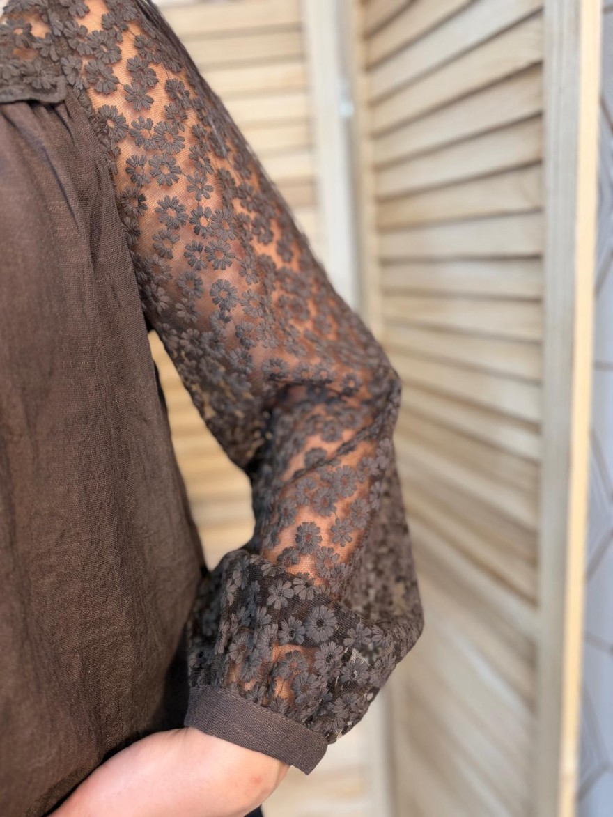 Chemise It Hippie Marron Brodée Tulle Fleuri Transparent | Marina & Paloma