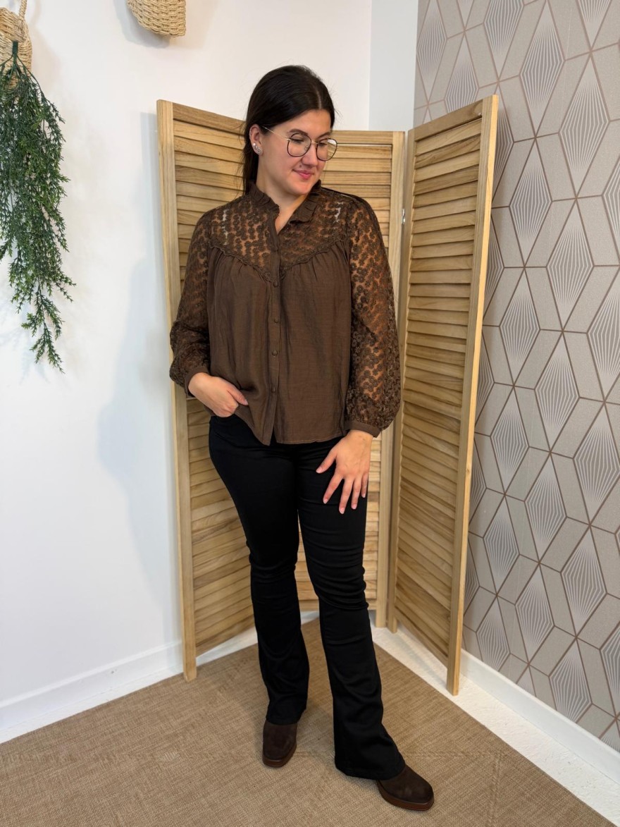 Chemise It Hippie Marron Brodée Tulle Fleuri Transparent | Marina & Paloma