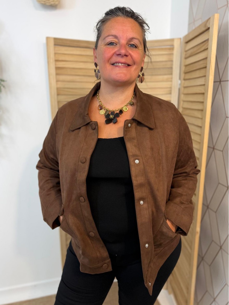 Veste Marron Effet Suédine Maelle Grande Taille | 2 Poches | Marina & Paloma