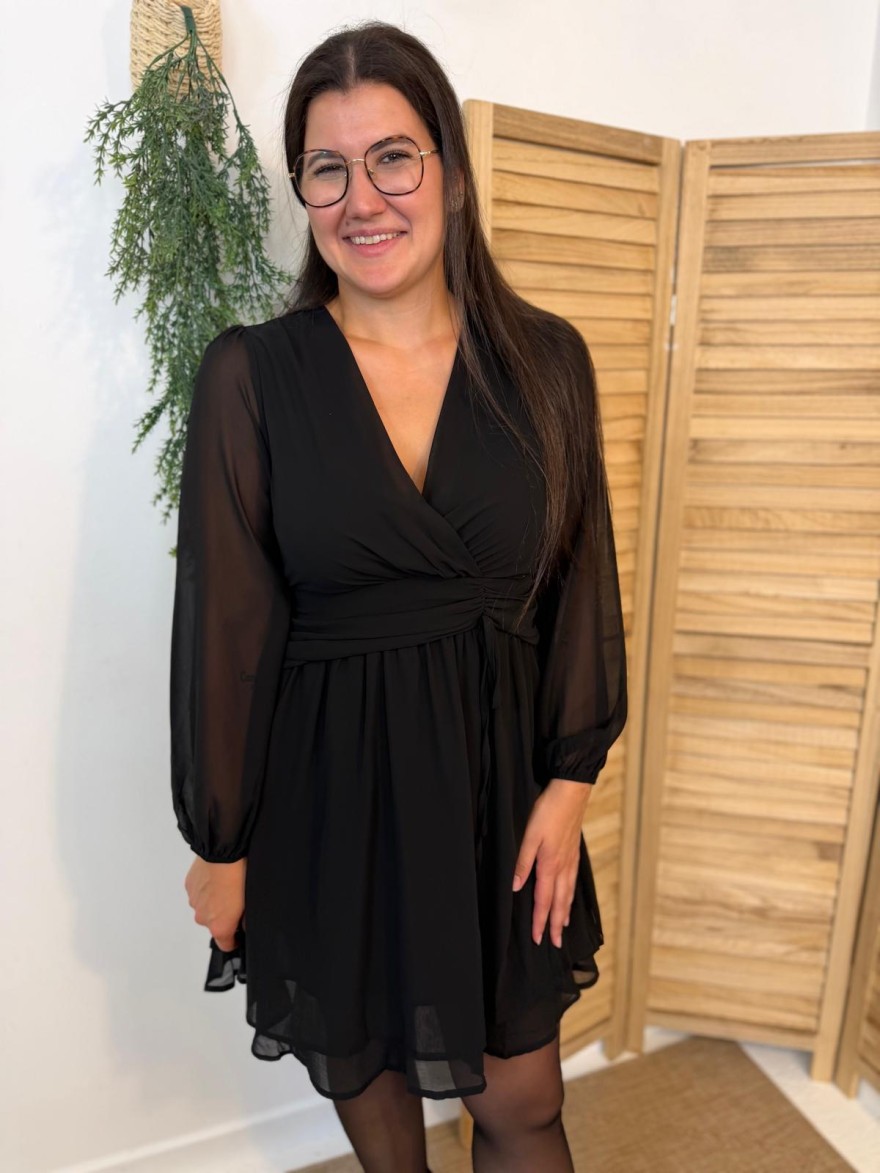 Robe Noire By One Fluide avec Taille Drapée Élégante | Marina & Paloma