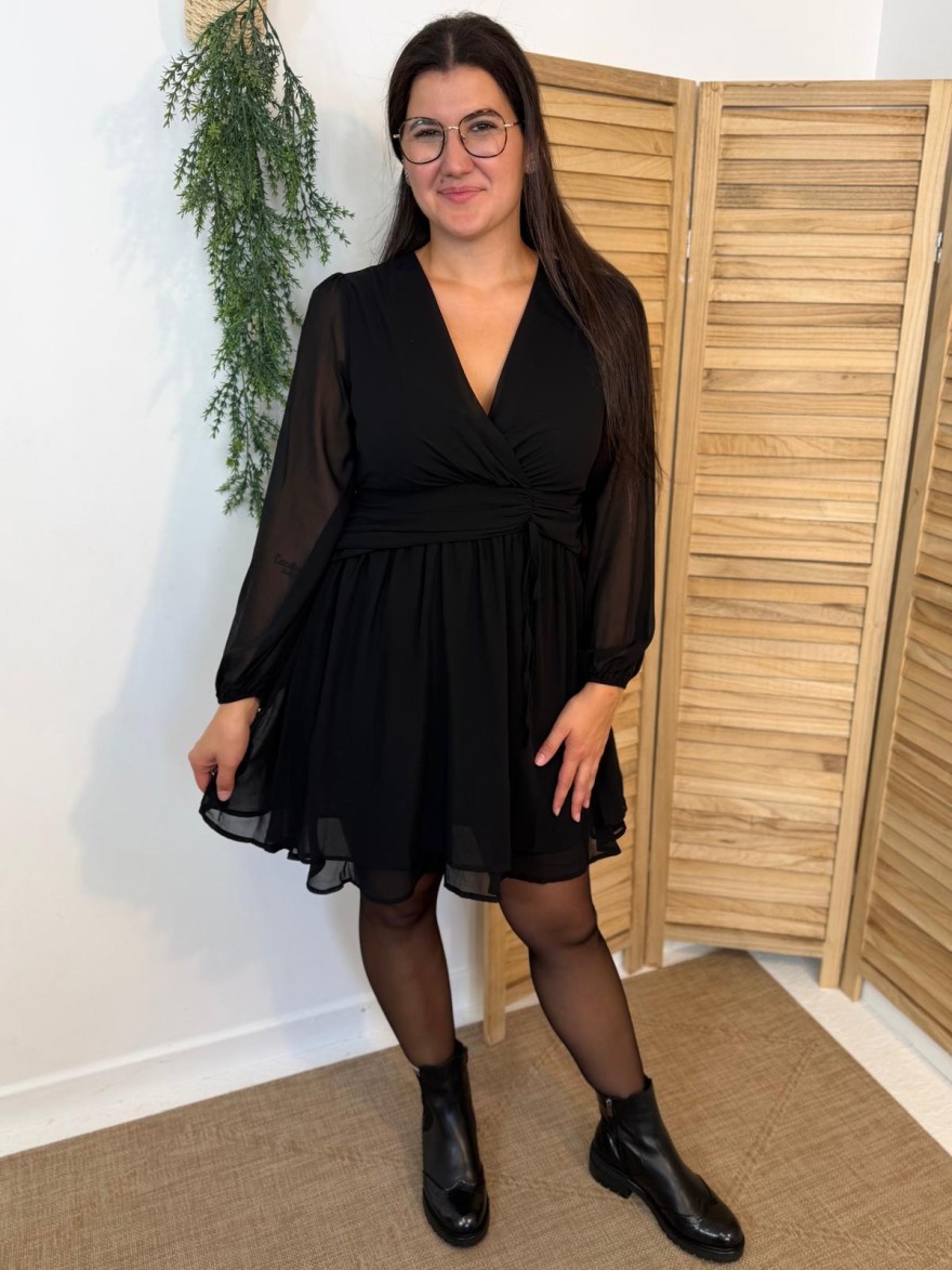 Robe Noire By One Fluide avec Taille Drapée Élégante | Marina & Paloma