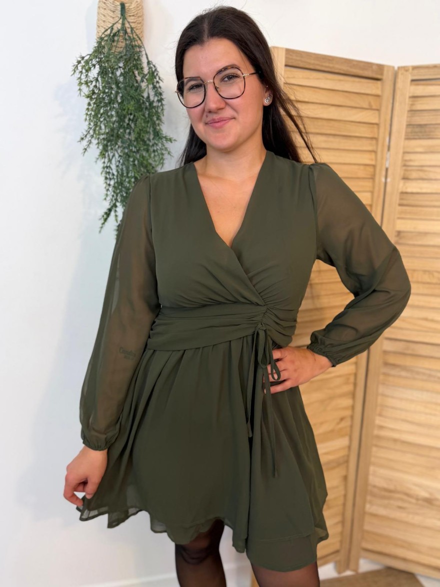 Robe Kaki By One Fluide Taille Drapée & Voile Transparent | Marina & Paloma