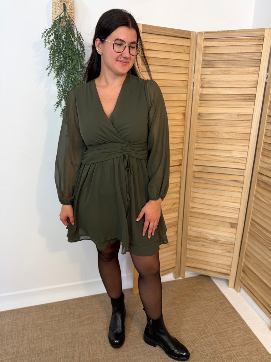Robe Kaki By One Fluide Taille Drapée & Voile Transparent | Marina & Paloma