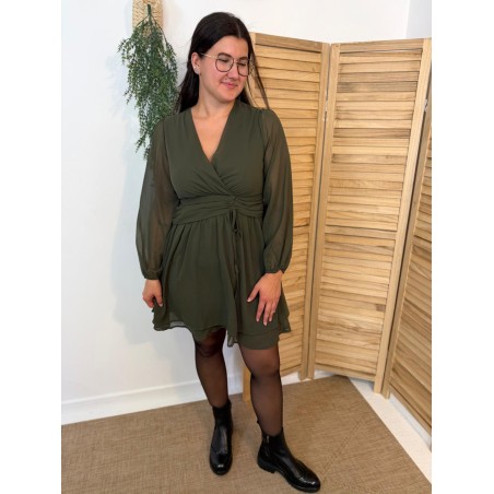 Robe Kaki By One Fluide Taille Drapée & Voile Transparent | Marina & Paloma