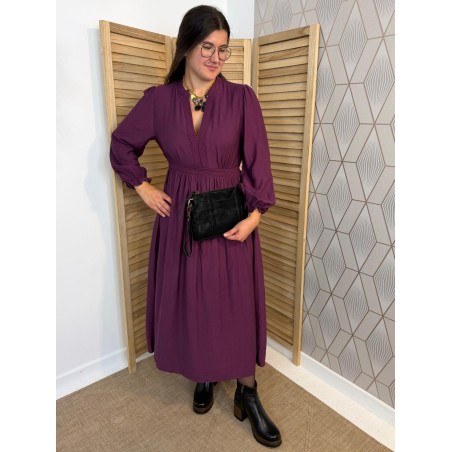 Robe Longue Prune Maelle Fluide à Taille Plissée Chic | Marina & Paloma