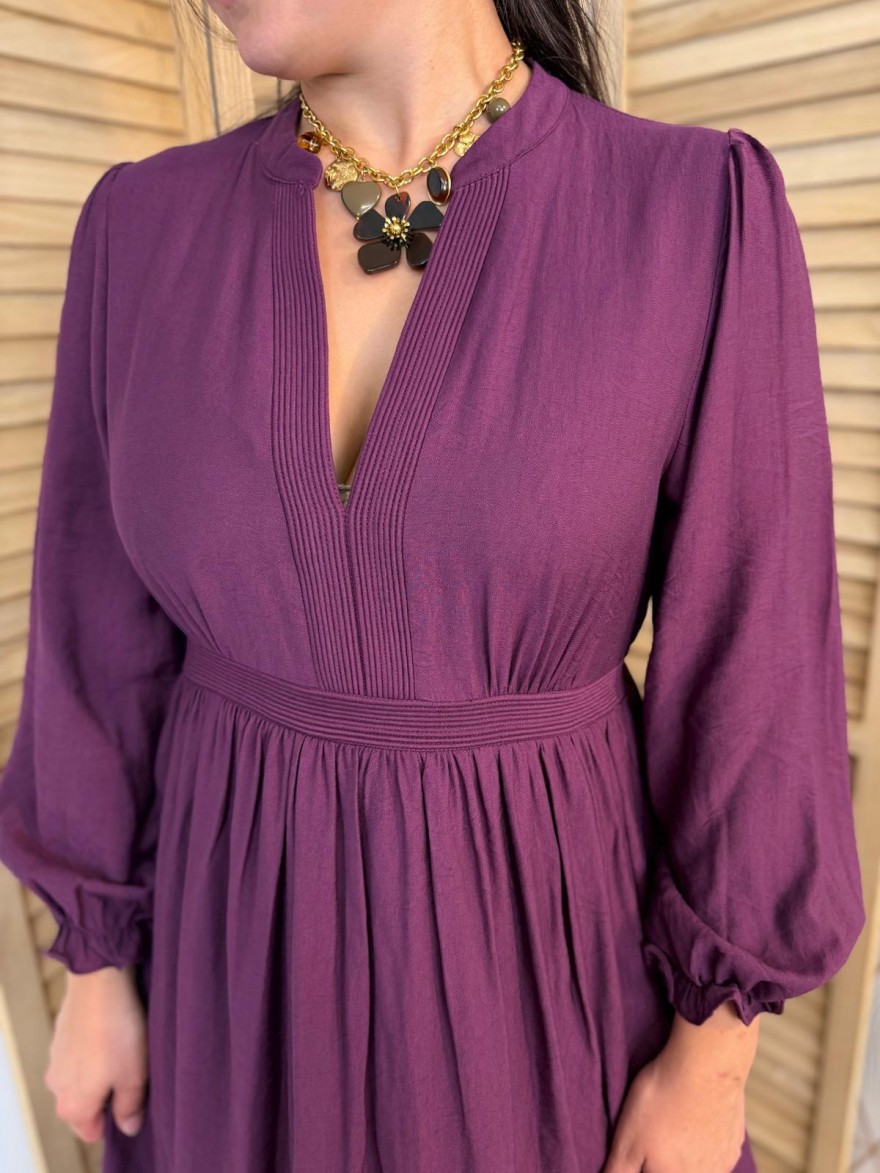 Robe Longue Prune Maelle Fluide à Taille Plissée Chic | Marina & Paloma