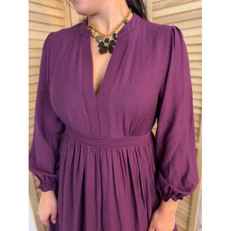 Robe Longue Prune Maelle Fluide à Taille Plissée Chic | Marina & Paloma