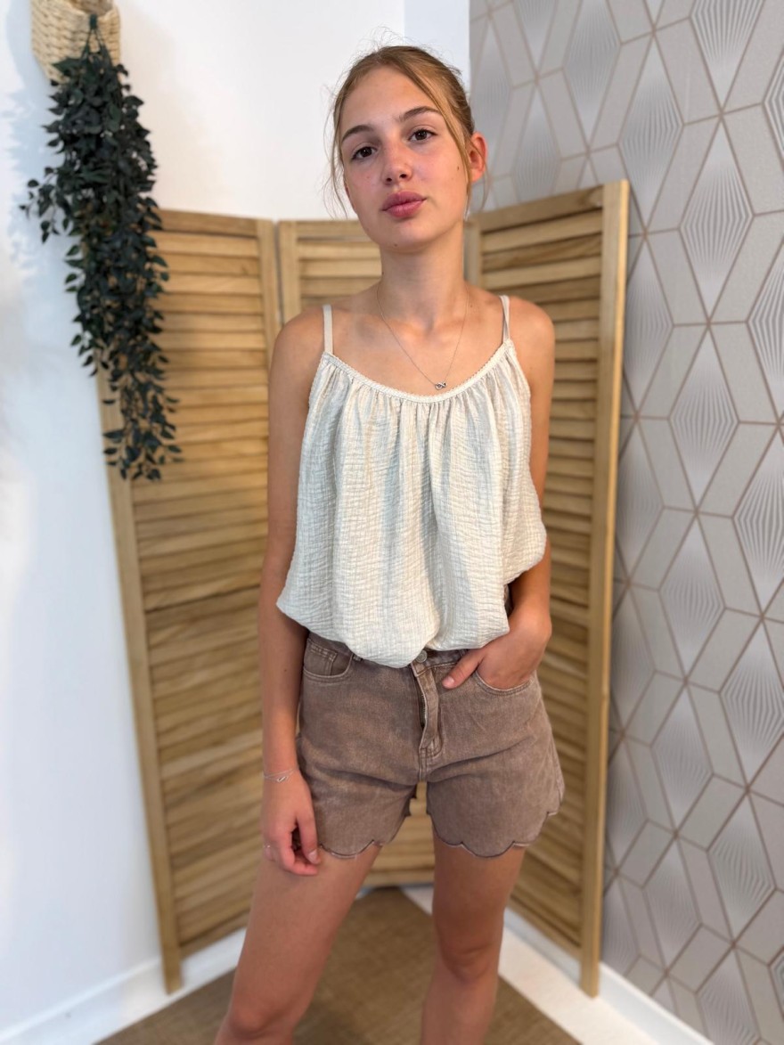 Short en Jean Taupe Kilky Taille Haute et Effet Délavé | Marina & Paloma