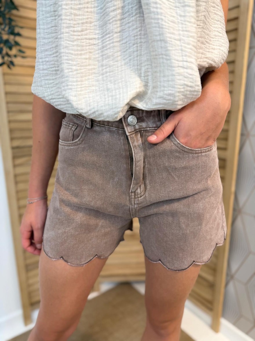 Short en Jean Taupe Kilky Taille Haute et Effet Délavé | Marina & Paloma