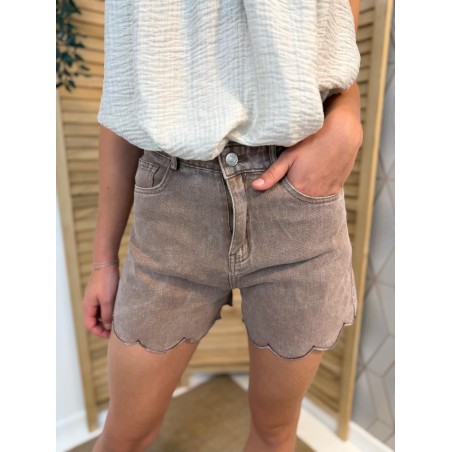 Short en Jean Taupe Kilky Taille Haute et Effet Délavé | Marina & Paloma