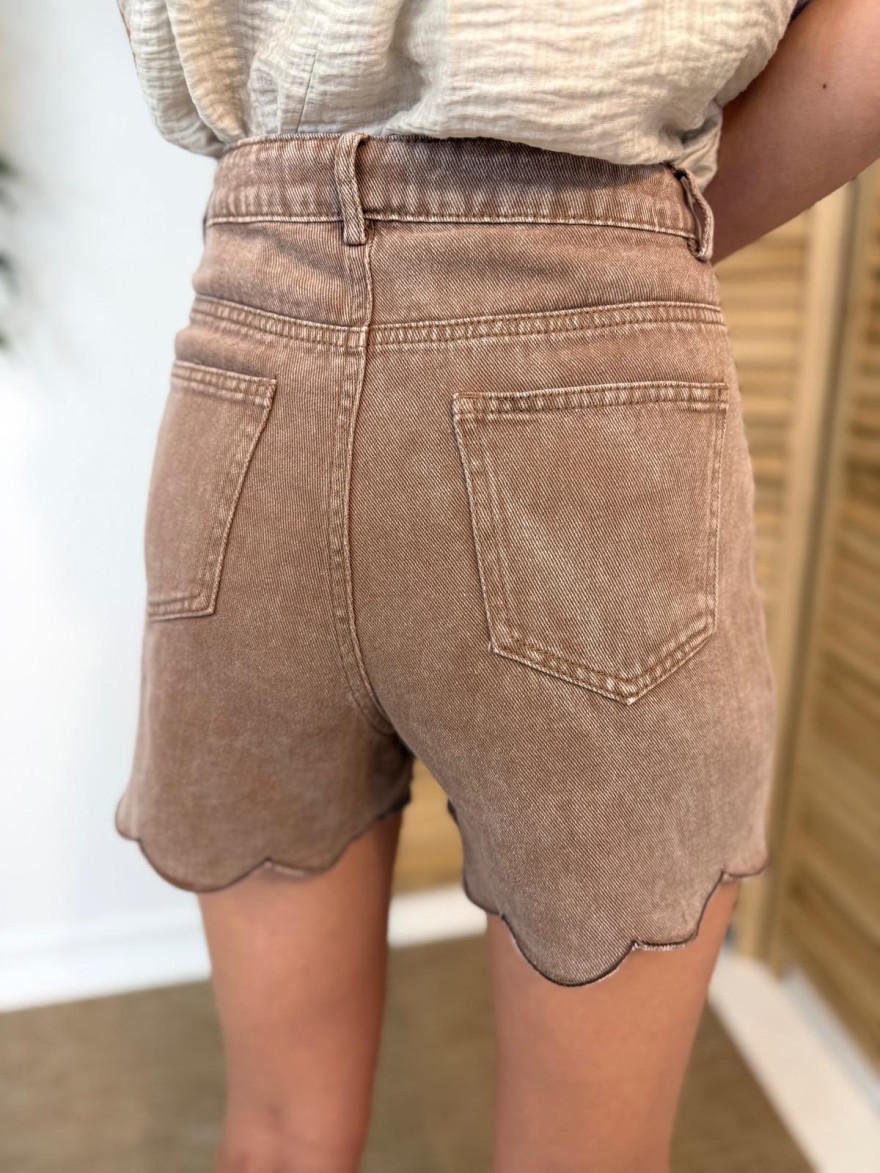 Short en Jean Taupe Kilky Taille Haute et Effet Délavé | Marina & Paloma