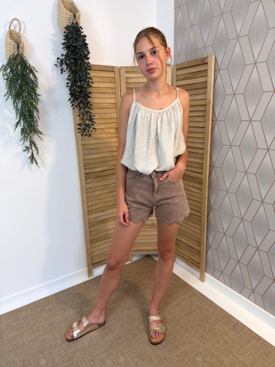 Short en Jean Taupe Kilky Taille Haute et Effet Délavé | Marina & Paloma