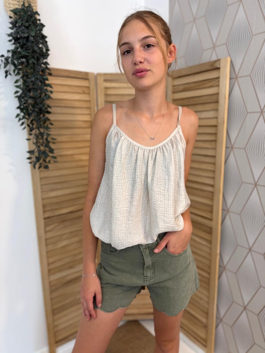Short en Jean Kaki Kilky Taille Haute et Bas Festonné | Marina & Paloma