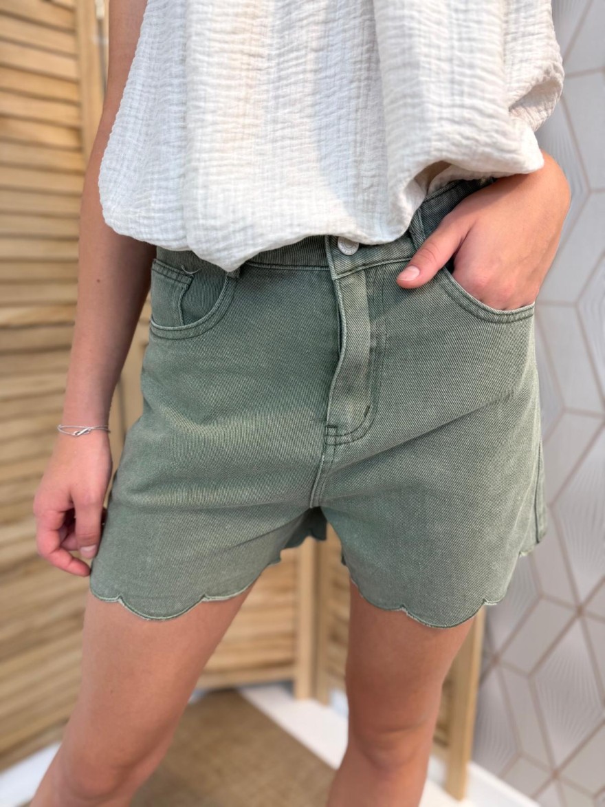 Short en Jean Kaki Kilky Taille Haute et Bas Festonné | Marina & Paloma