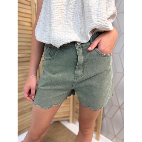 Short en Jean Kaki Kilky Taille Haute et Bas Festonné | Marina & Paloma