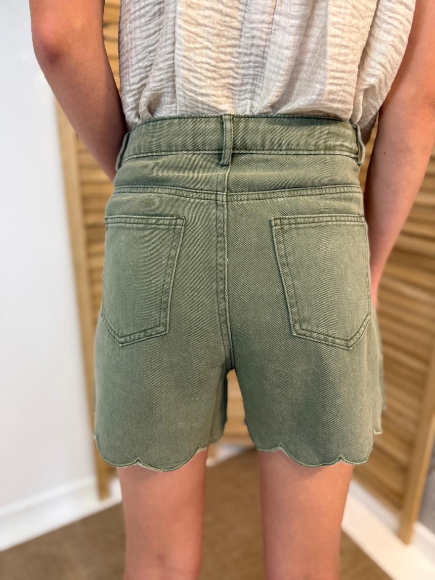 Short en Jean Kaki Kilky Taille Haute et Bas Festonné | Marina & Paloma