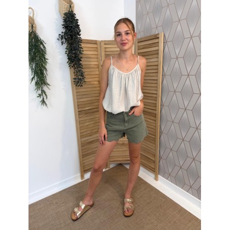 Short en Jean Kaki Kilky Taille Haute et Bas Festonné | Marina & Paloma