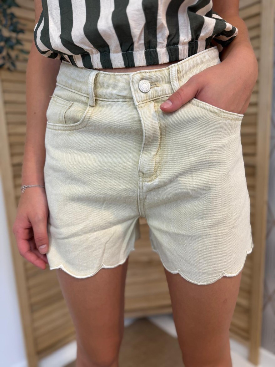 Short en Jean Beige Kilky Taille Haute et Bas Festonné | Marina & Paloma