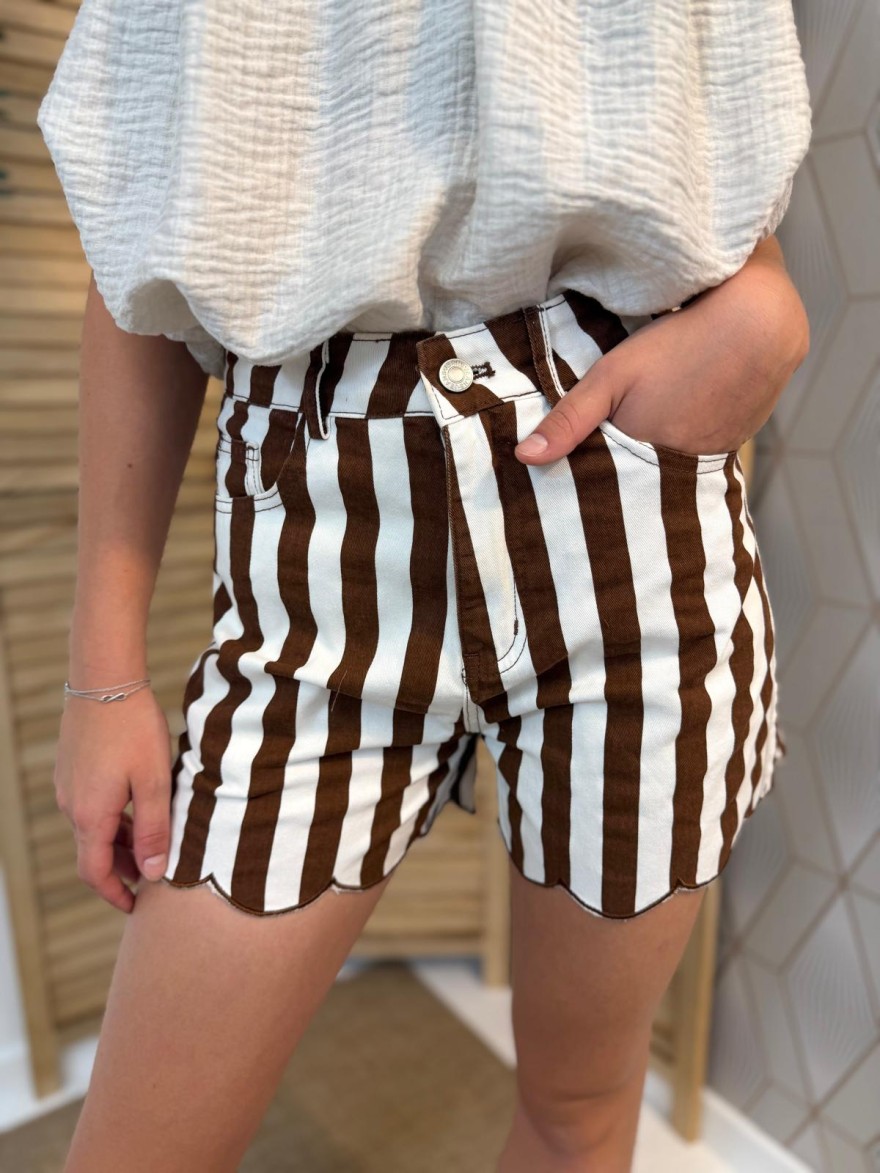 Short En Jean Rayé Kilky Marron Taille Haute Festonnée | Marina & Paloma