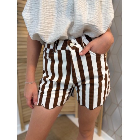 Short En Jean Rayé Kilky Marron Taille Haute Festonnée | Marina & Paloma