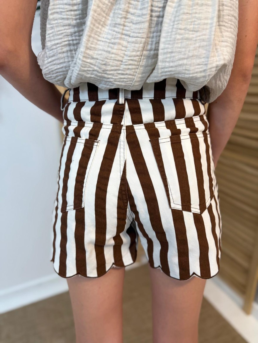 Short En Jean Rayé Kilky Marron Taille Haute Festonnée | Marina & Paloma