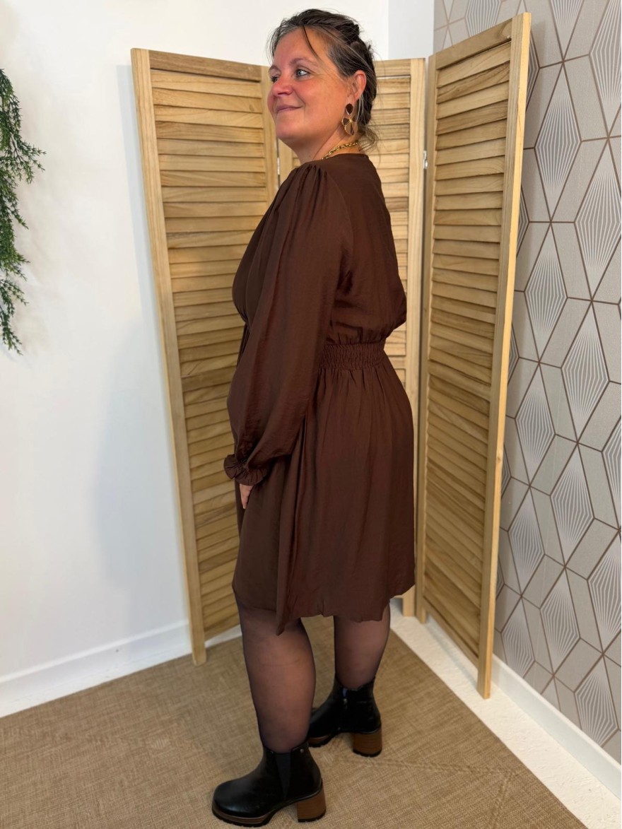 Robe Maelle Grande Taille Café Manche Longue et Coupe Évasée | Marina & Paloma