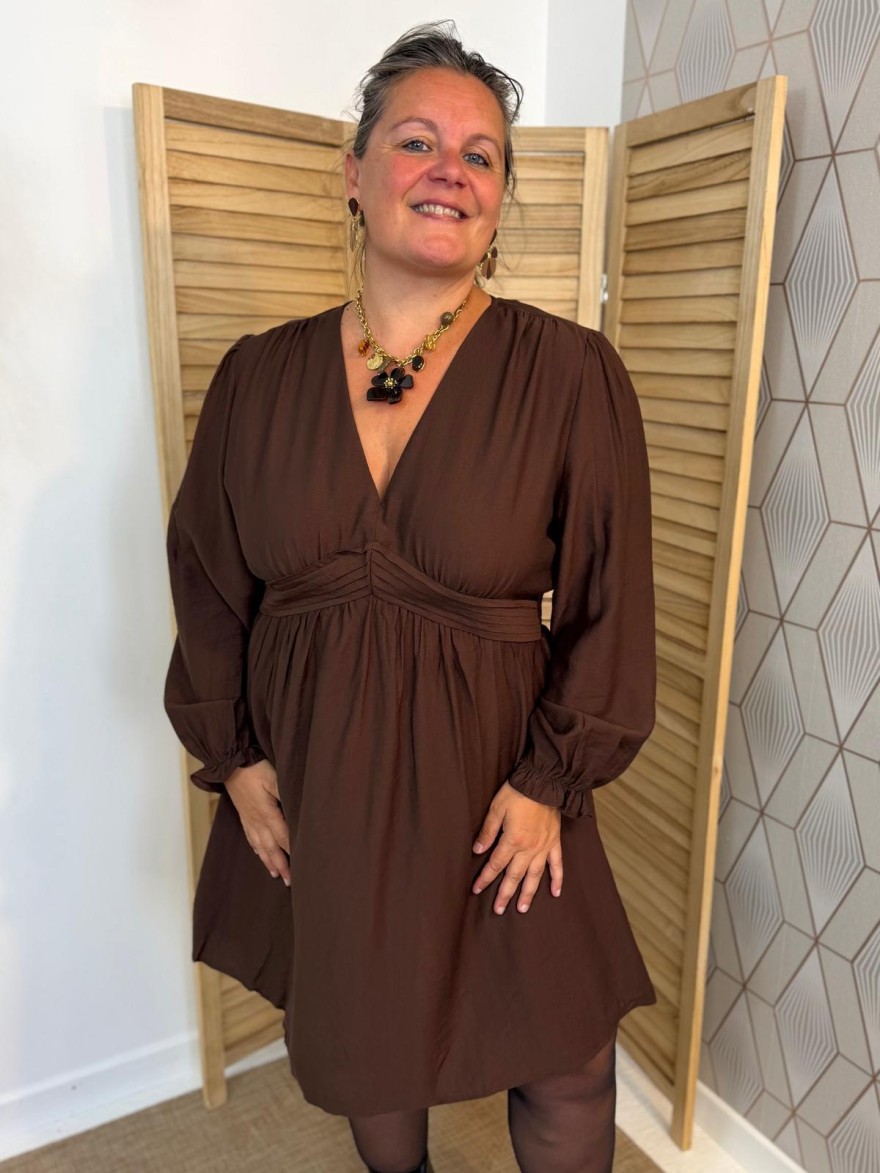 Robe Maelle Grande Taille Café Manche Longue et Coupe Évasée | Marina & Paloma