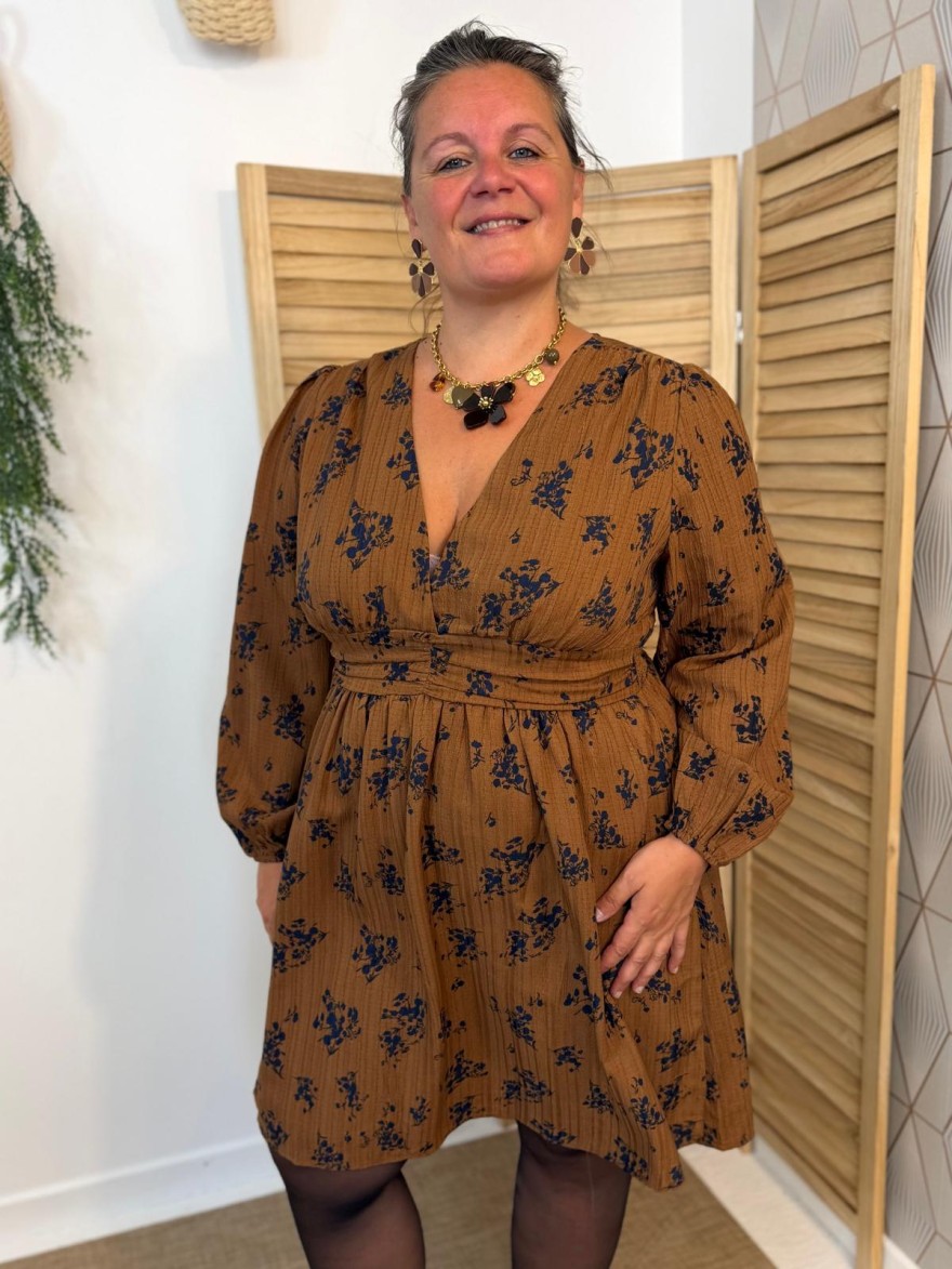 Robe Maelle Camel à Imprimé Floral Marine Grande Taille | Marina & Paloma