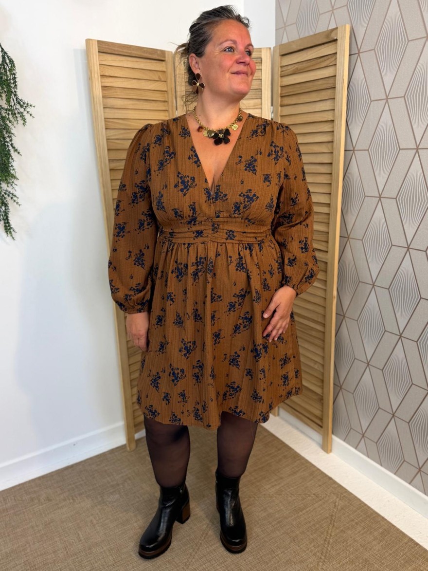 Robe Maelle Camel à Imprimé Floral Marine Grande Taille | Marina & Paloma