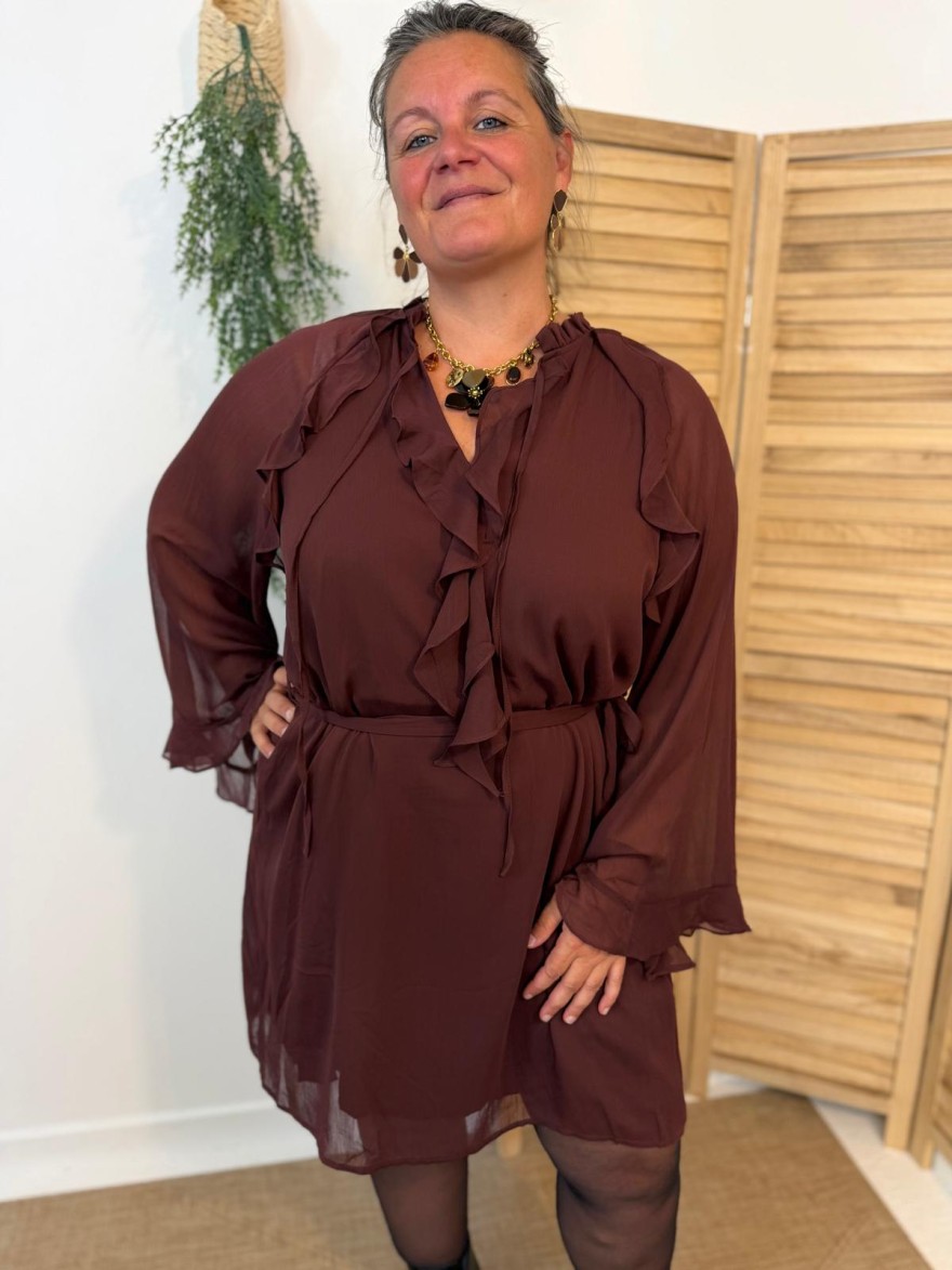 Robe Maelle Marron Chocolat Fluide à Volants Grande Taille | Marina & Paloma