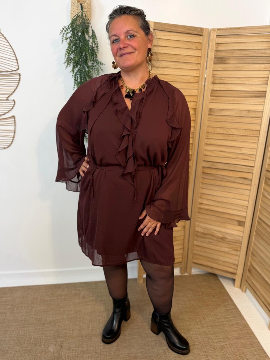 Robe Maelle Marron Chocolat Fluide à Volants Grande Taille | Marina & Paloma