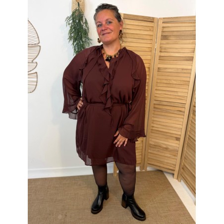 Robe Maelle Marron Chocolat Fluide à Volants Grande Taille | Marina & Paloma