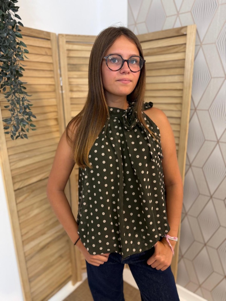 Débardeur Blousant à Pois Latino Col Montant à Nouer | Marina & Paloma